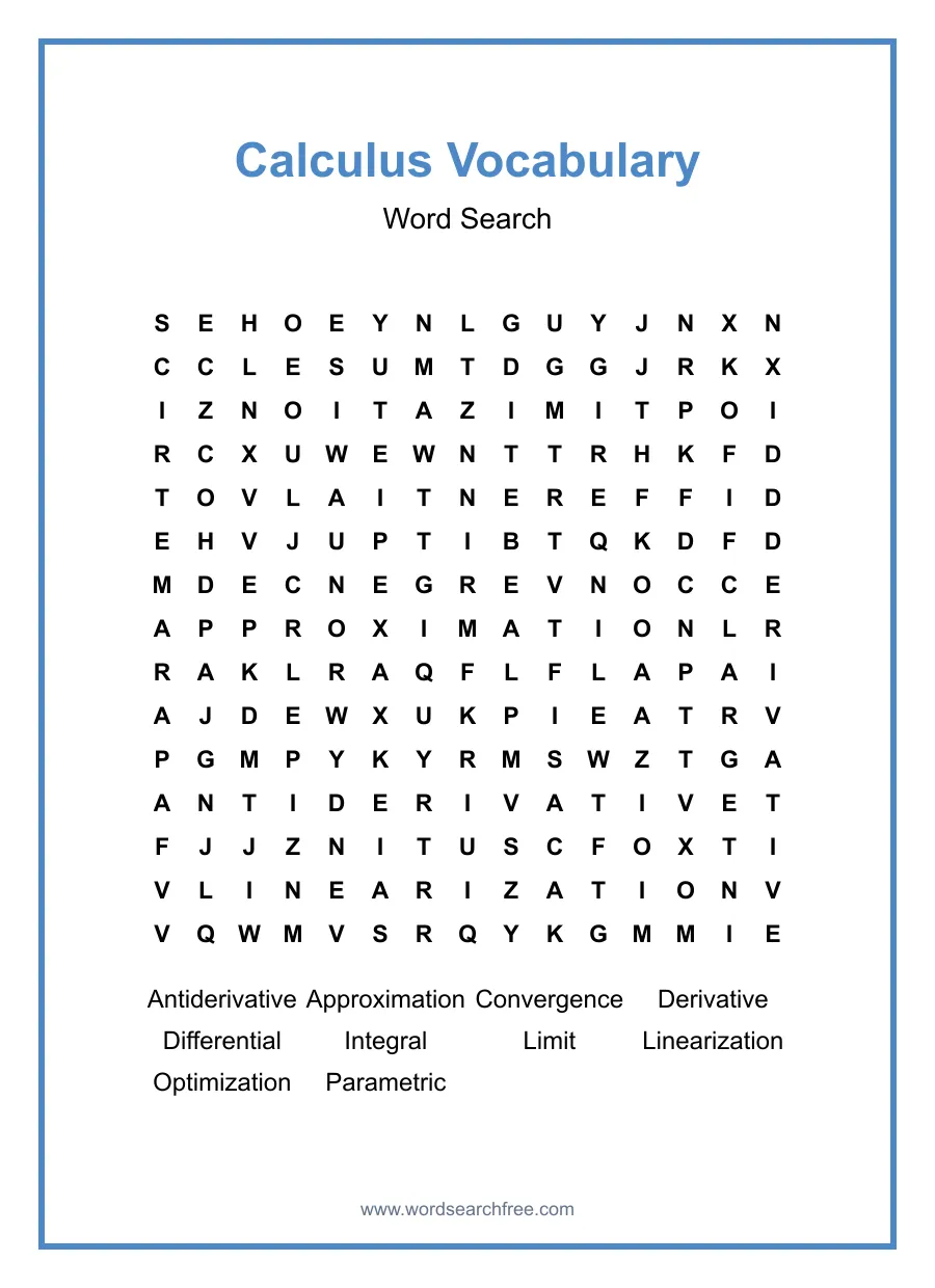 Calculus Vocabulary Word Search - Free printable puzzle with 10 words