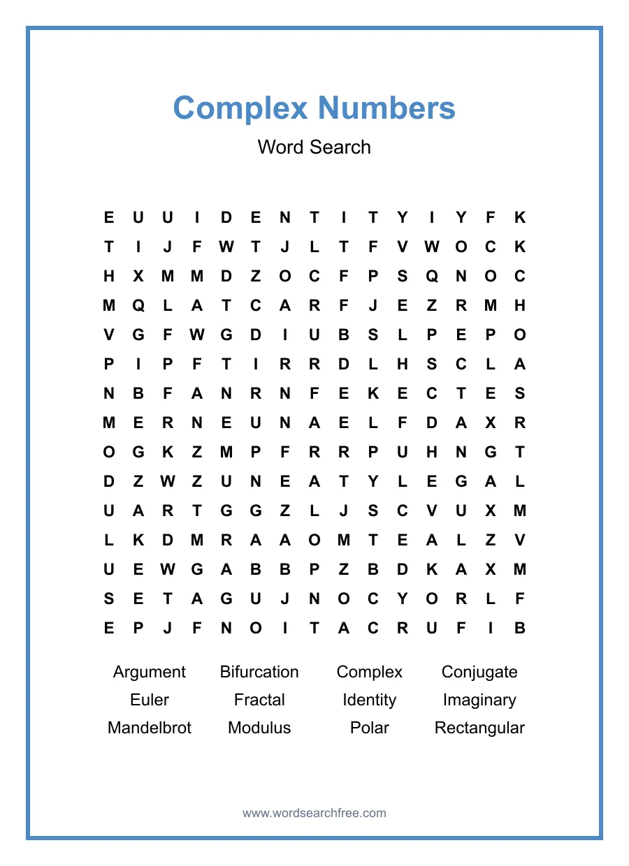 Complex Numbers Word Search - Free printable puzzle with 12 words