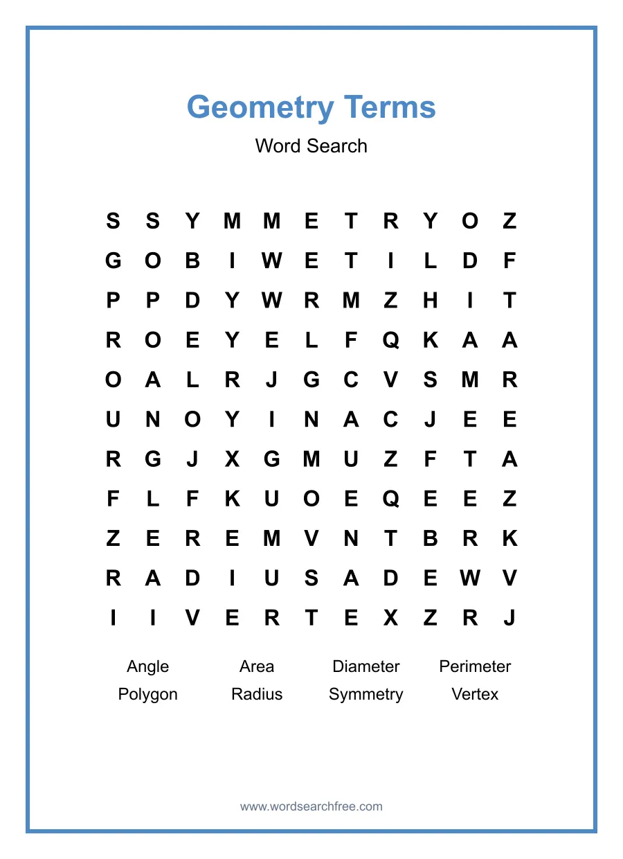 Geometry Terms Word Search - Free printable puzzle with 8 words