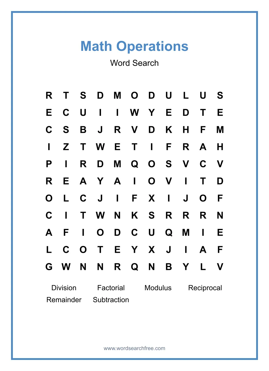 Math Operations Word Search - Free printable puzzle with 6 words