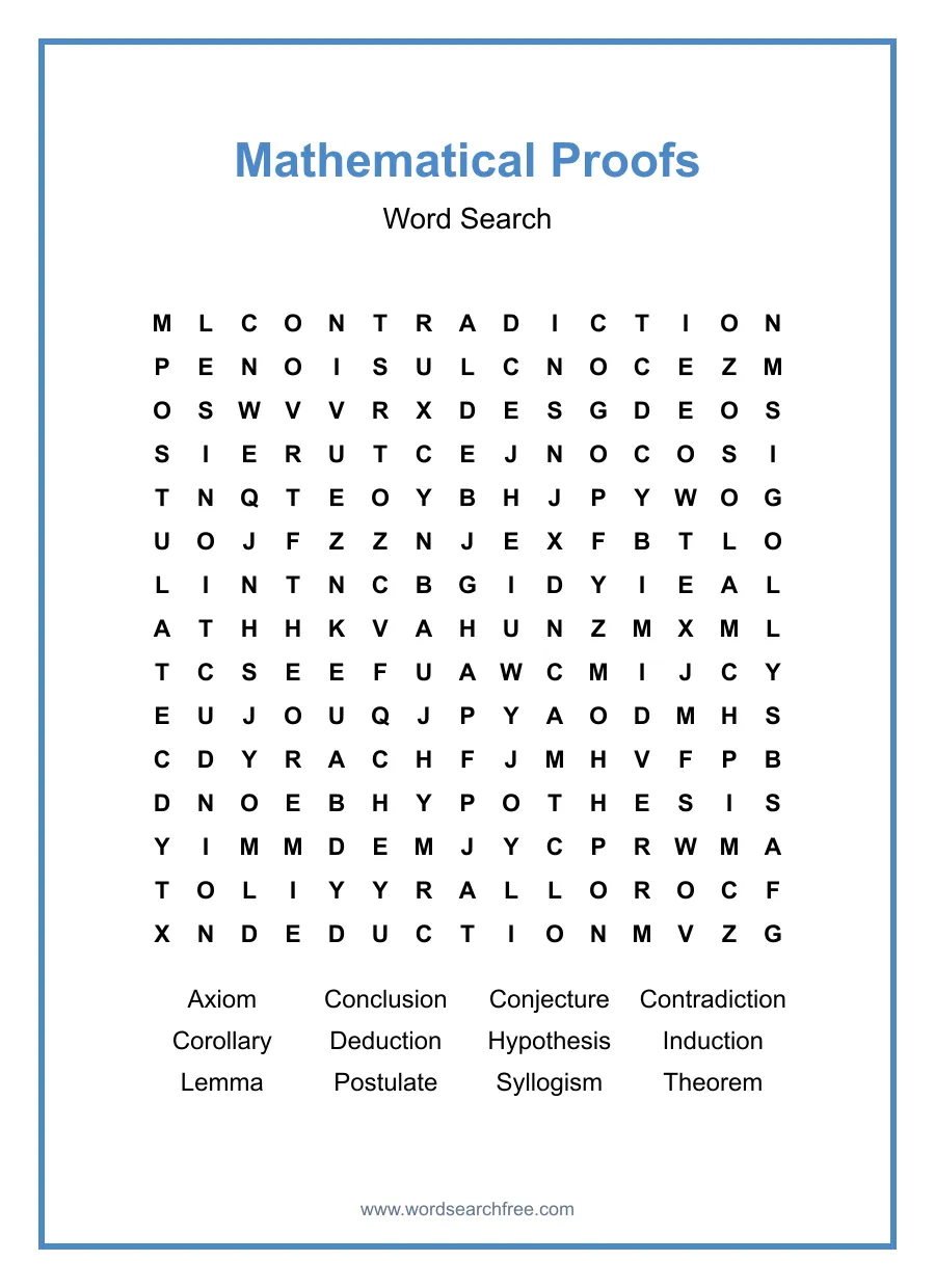 Mathematical Proofs Word Search - Free printable puzzle with 12 words