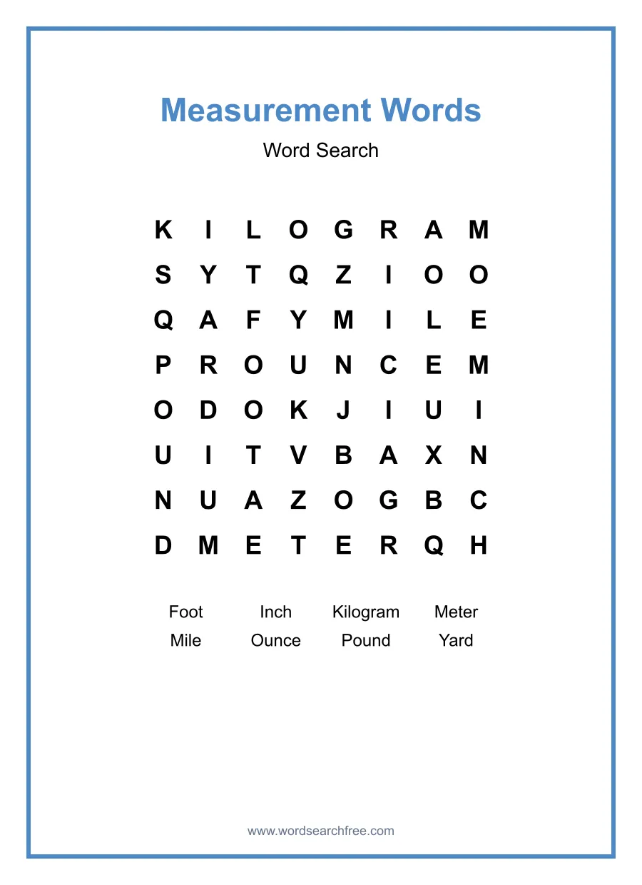 Measurement Words Word Search - Free printable puzzle with 8 words