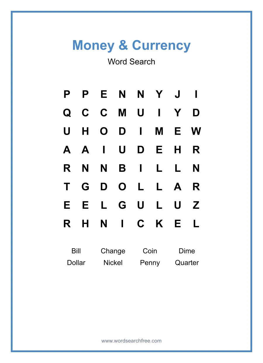 Money & Currency Word Search - Free printable puzzle with 8 words