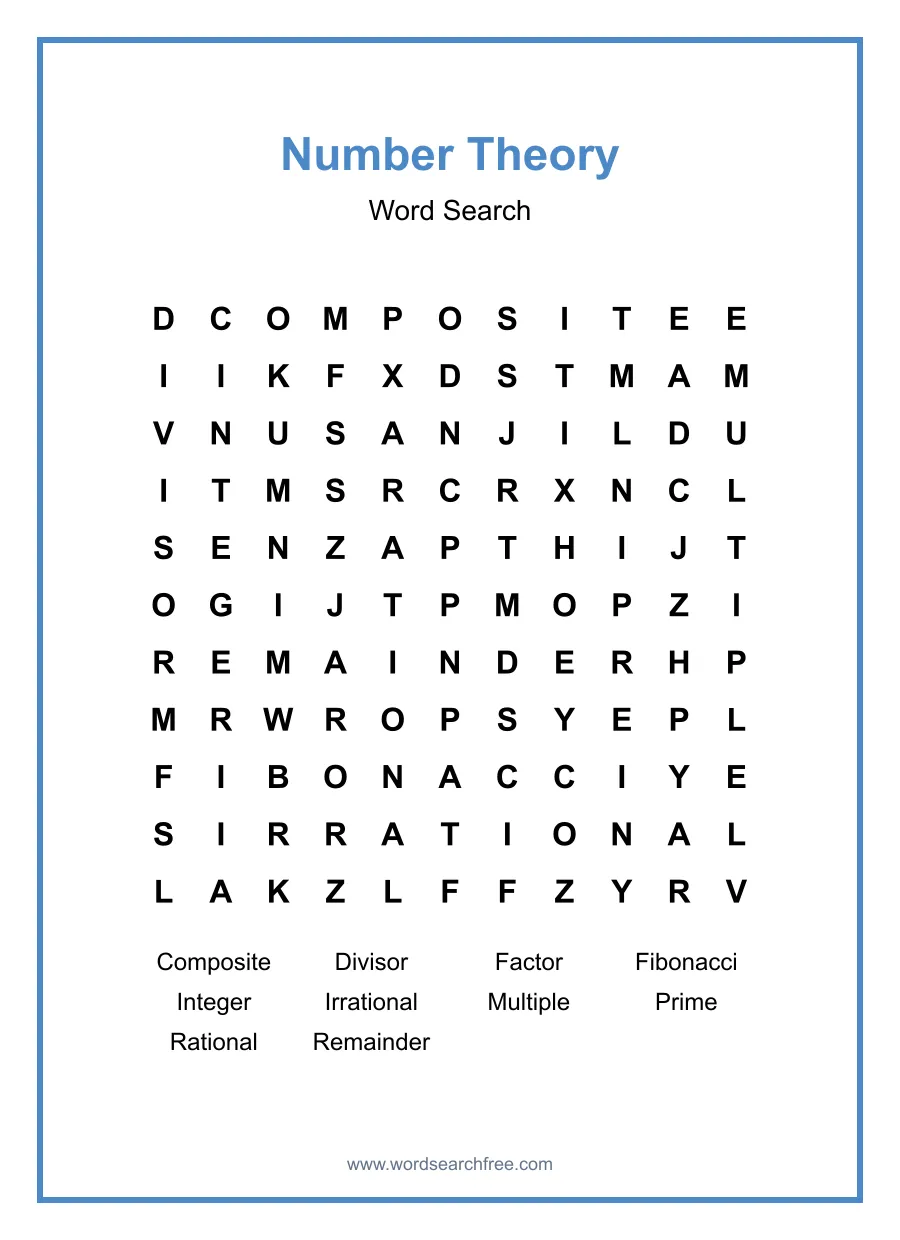Number Theory Word Search - Free printable puzzle with 10 words