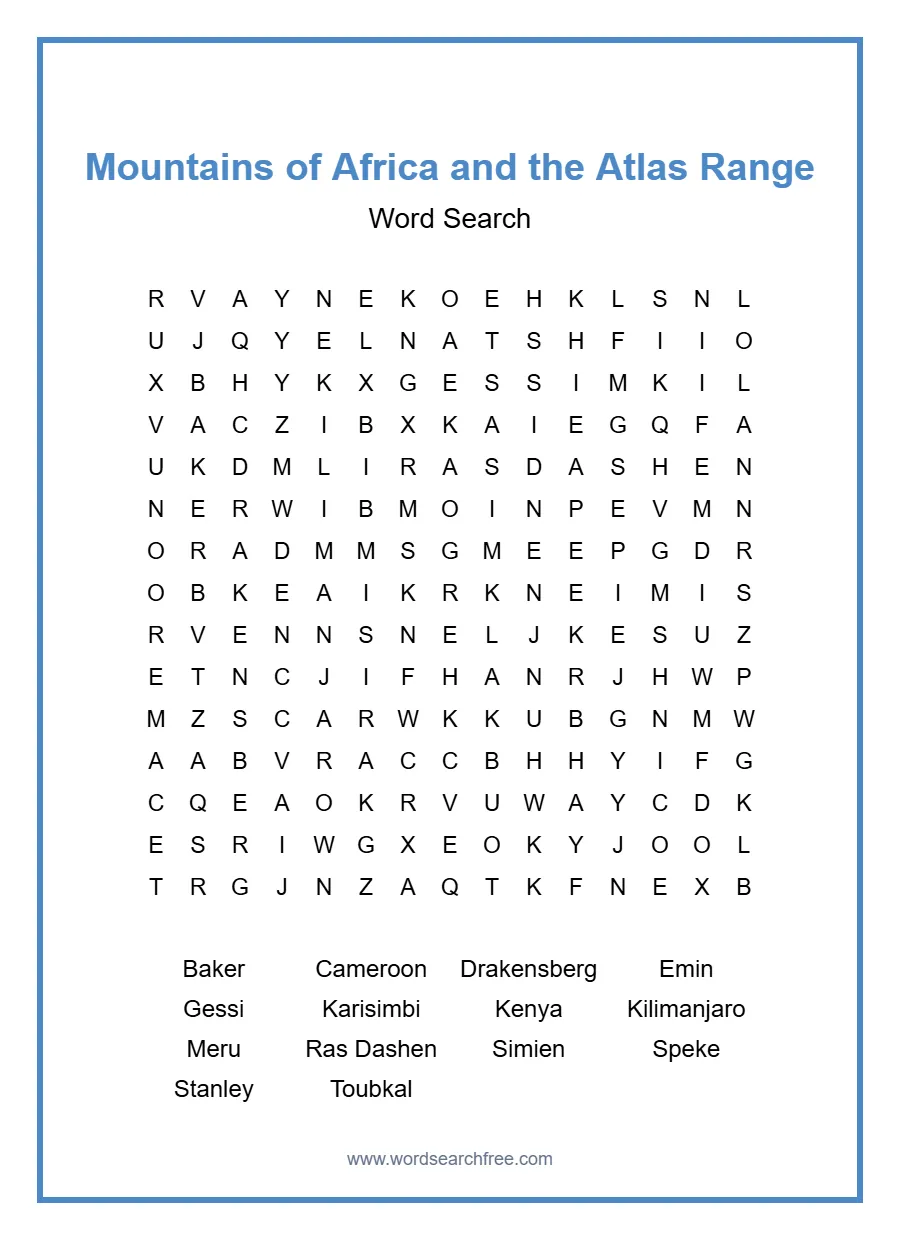 Mountains of Africa and the Atlas Range Word Search - Free printable puzzle with 14 words