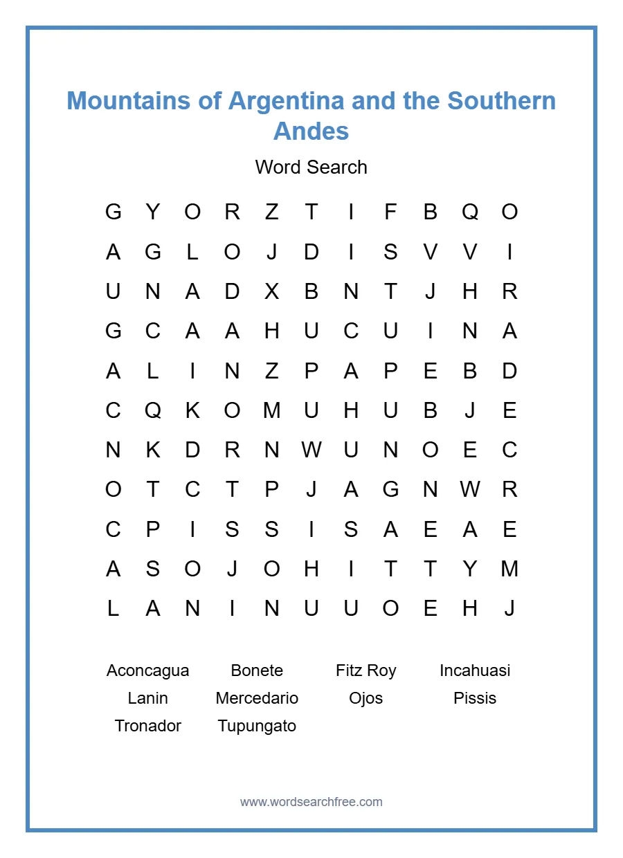 Mountains of Argentina and the Southern Andes Word Search - Free printable puzzle with 10 words