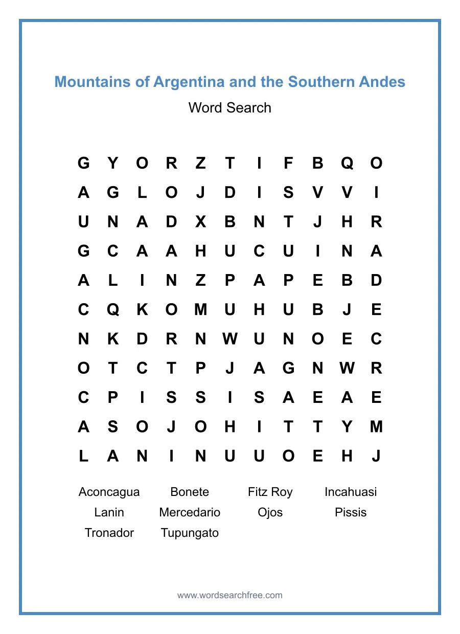 Mountains of Argentina and the Southern Andes - Medium Word Search Puzzle