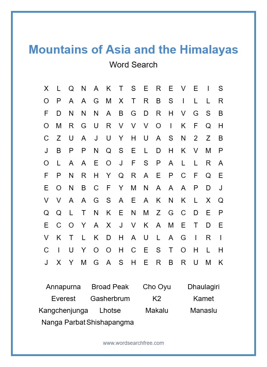 Mountains of Asia and the Himalayas Word Search - Free printable puzzle with 14 words