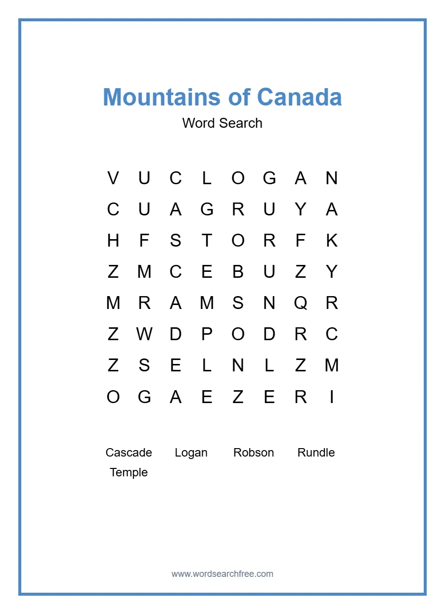 Mountains of Canada Word Search - Free printable puzzle with 5 words