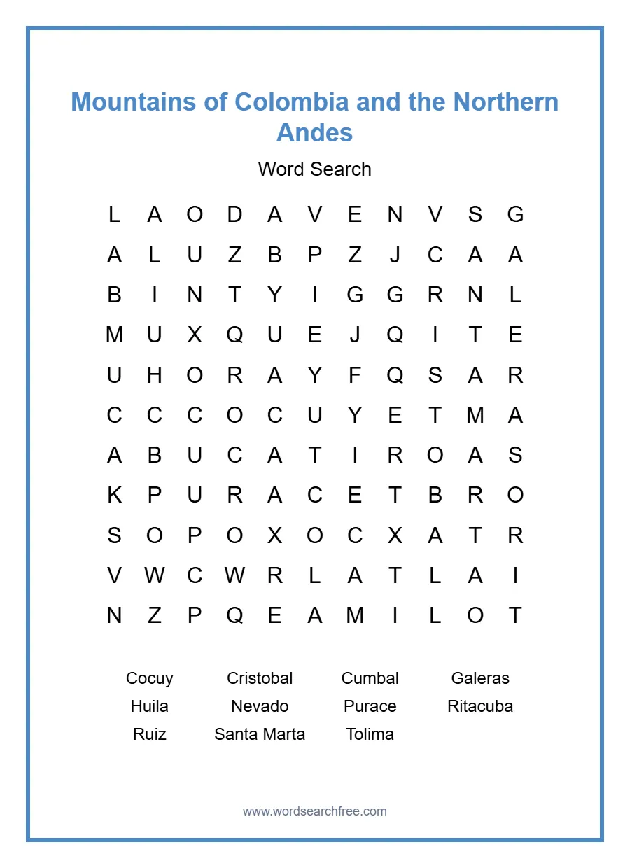 Mountains of Colombia and the Northern Andes Word Search - Free printable puzzle with 11 words