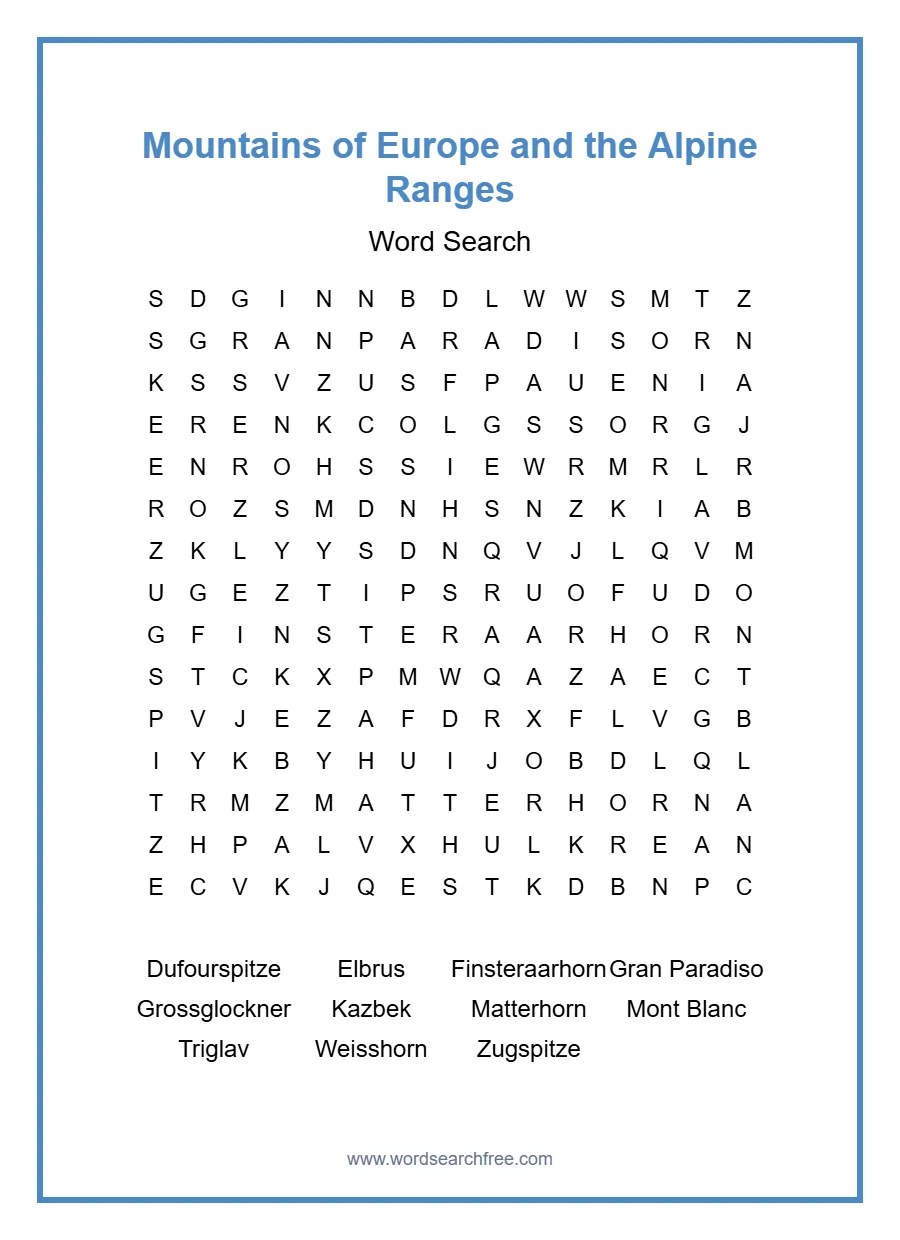 Mountains of Europe and the Alpine Ranges Word Search - Free printable puzzle with 11 words