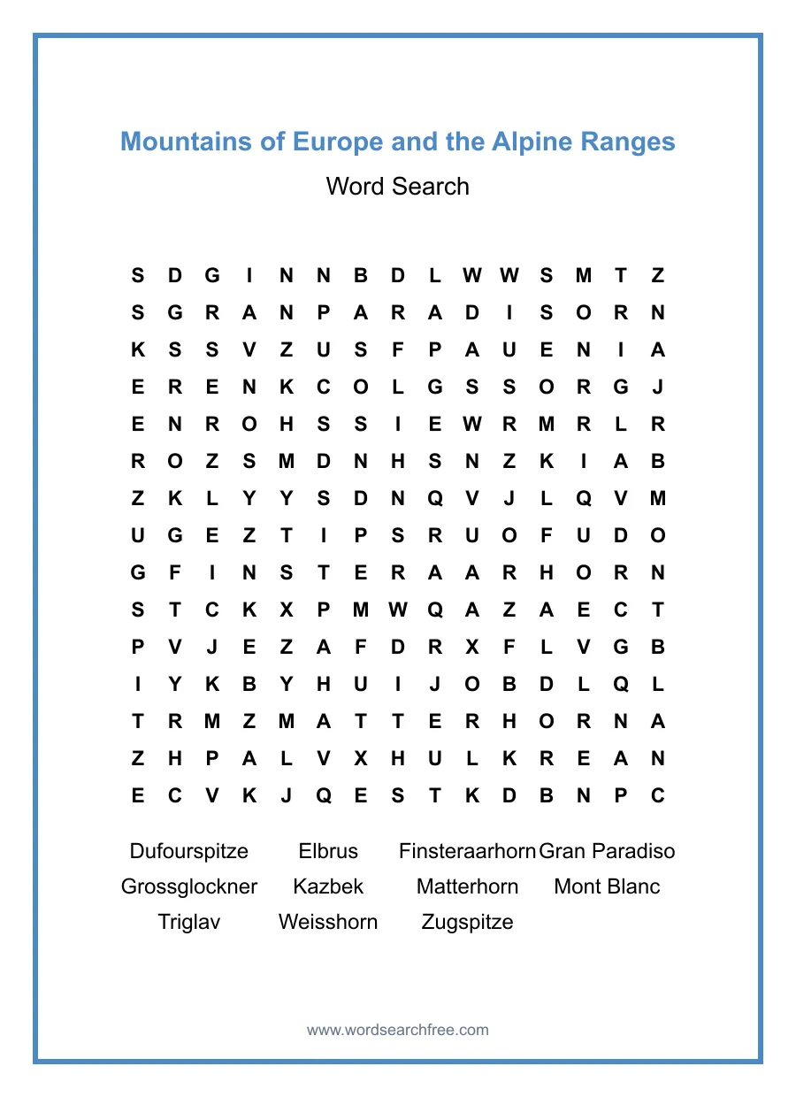 Mountains of Europe and the Alpine Ranges - Hard Word Search Puzzle