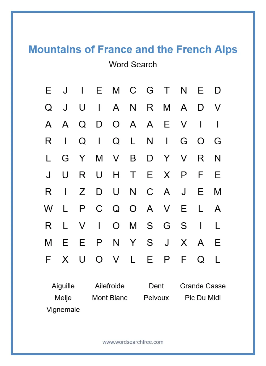Mountains of France and the French Alps Word Search - Free printable puzzle with 9 words