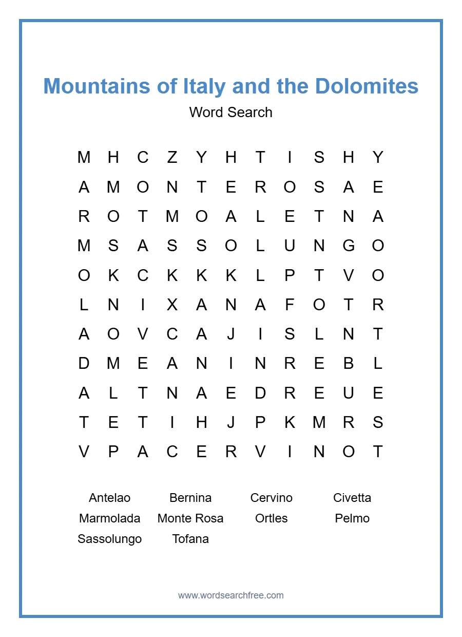 Mountains of Italy and the Dolomites Word Search - Free printable puzzle with 10 words