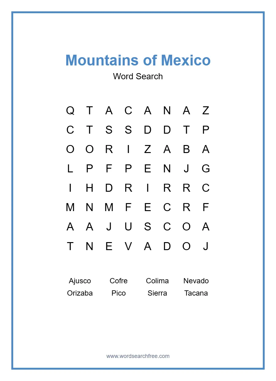 Mountains of Mexico Word Search - Free printable puzzle with 8 words
