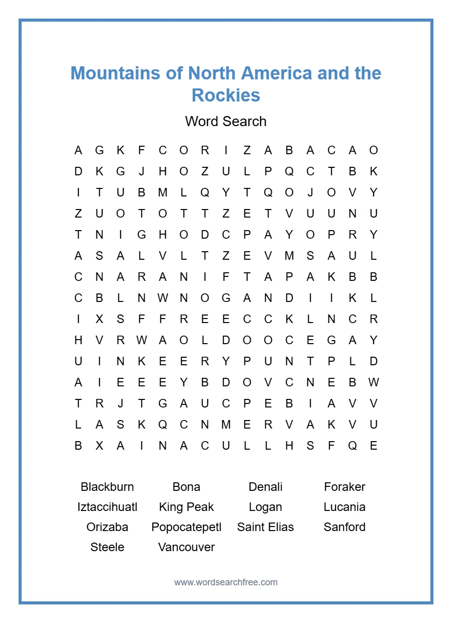 Mountains of North America and the Rockies Word Search - Free printable puzzle with 14 words