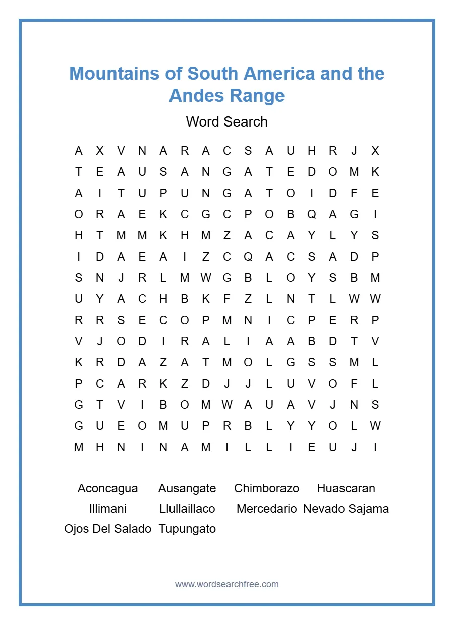 Mountains of South America and the Andes Range Word Search - Free printable puzzle with 10 words