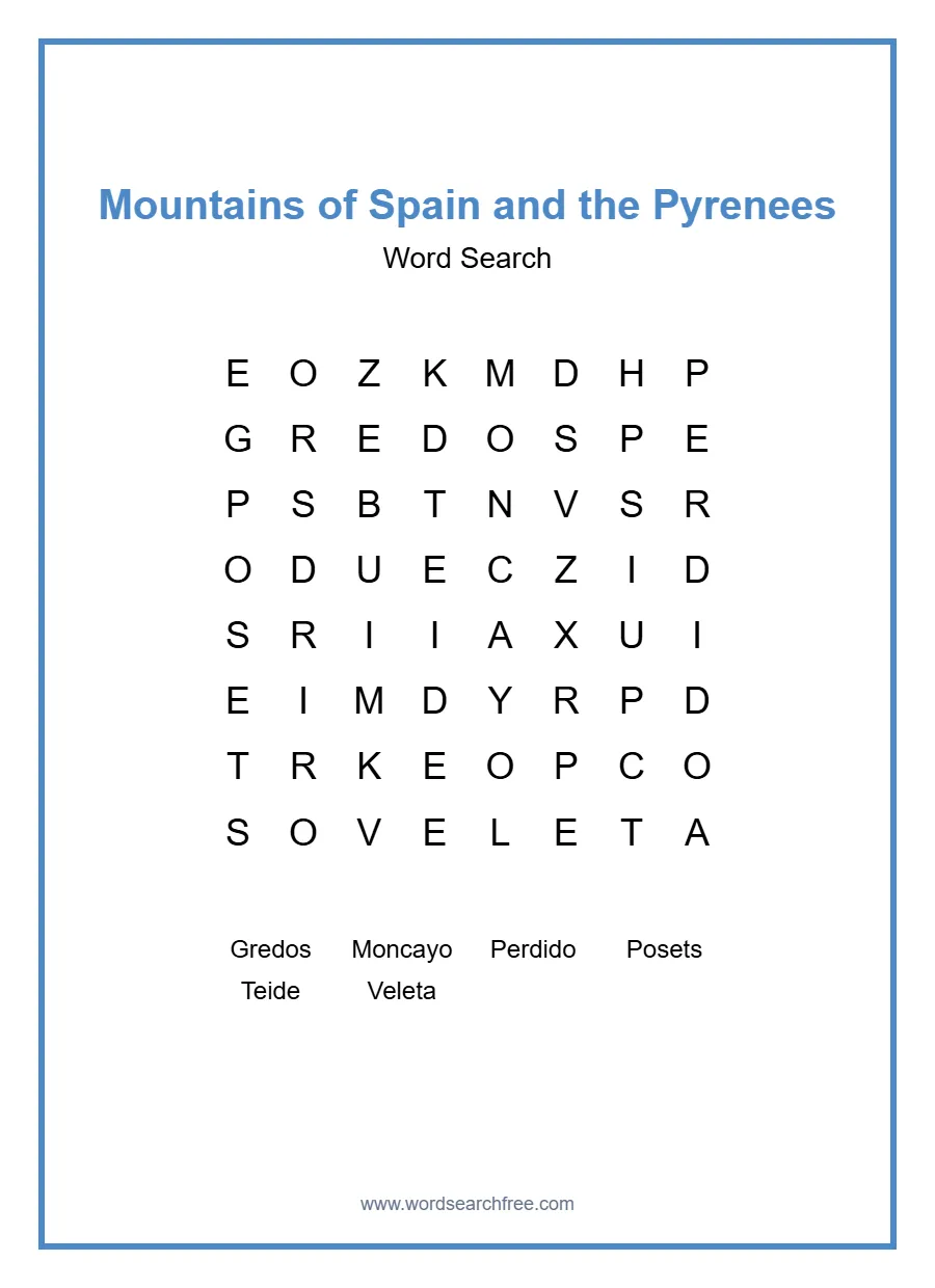 Mountains of Spain and the Pyrenees Word Search - Free printable puzzle with 6 words