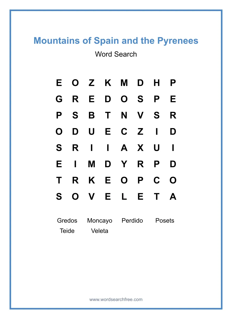 Mountains of Spain and the Pyrenees - Easy Word Search Puzzle