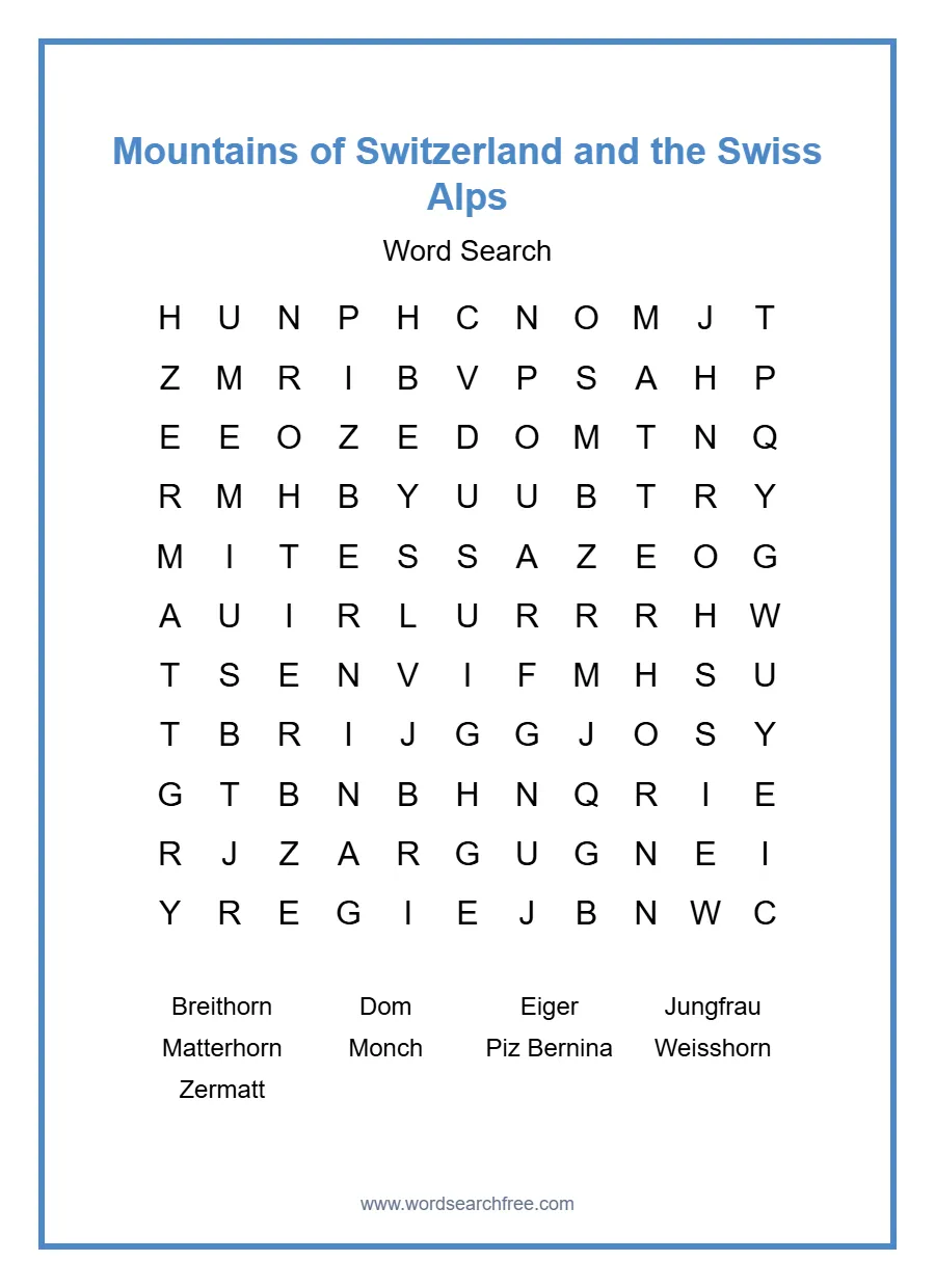Mountains of Switzerland and the Swiss Alps Word Search - Free printable puzzle with 9 words