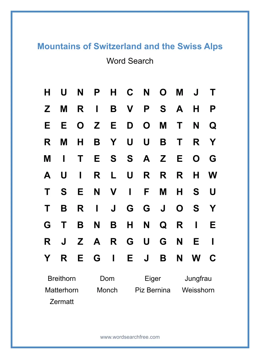 Mountains of Switzerland and the Swiss Alps - Medium Word Search Puzzle
