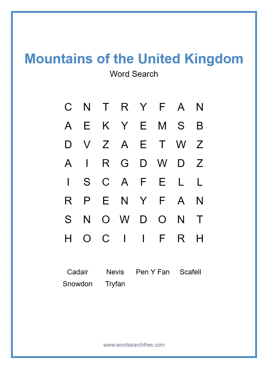 Mountains of the United Kingdom Word Search - Free printable puzzle with 6 words