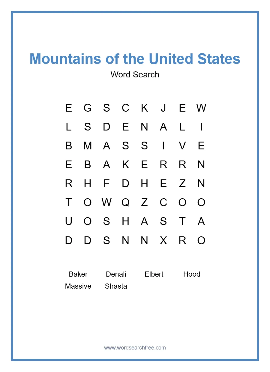 Mountains of the United States Word Search - Free printable puzzle with 6 words