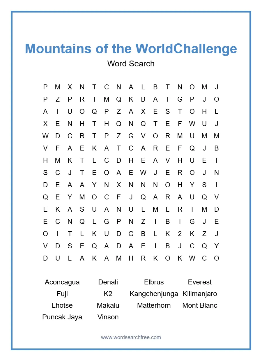 Mountains of the World Word Search Challenge - Free printable puzzle with 14 words