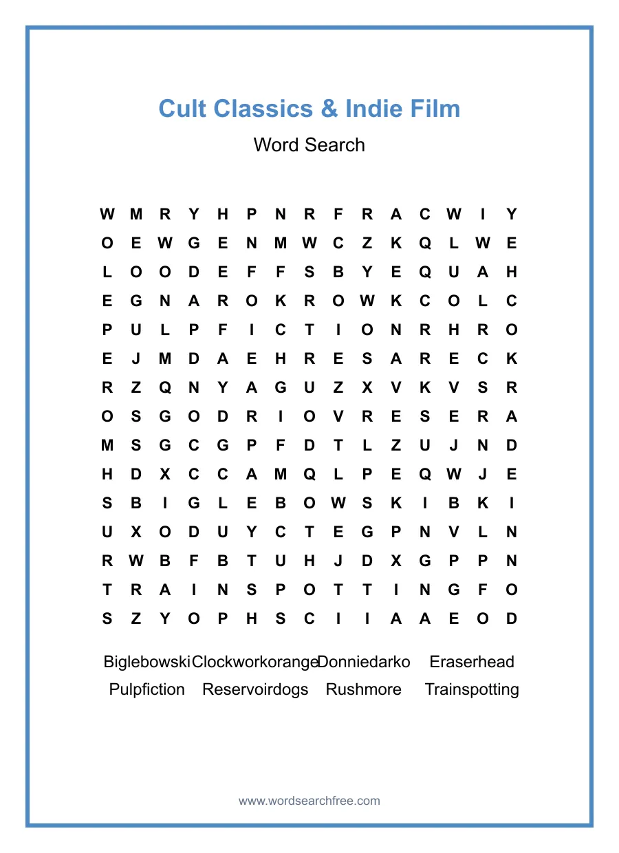 Cult Classics & Indie Film Word Search - Free printable puzzle with 8 words
