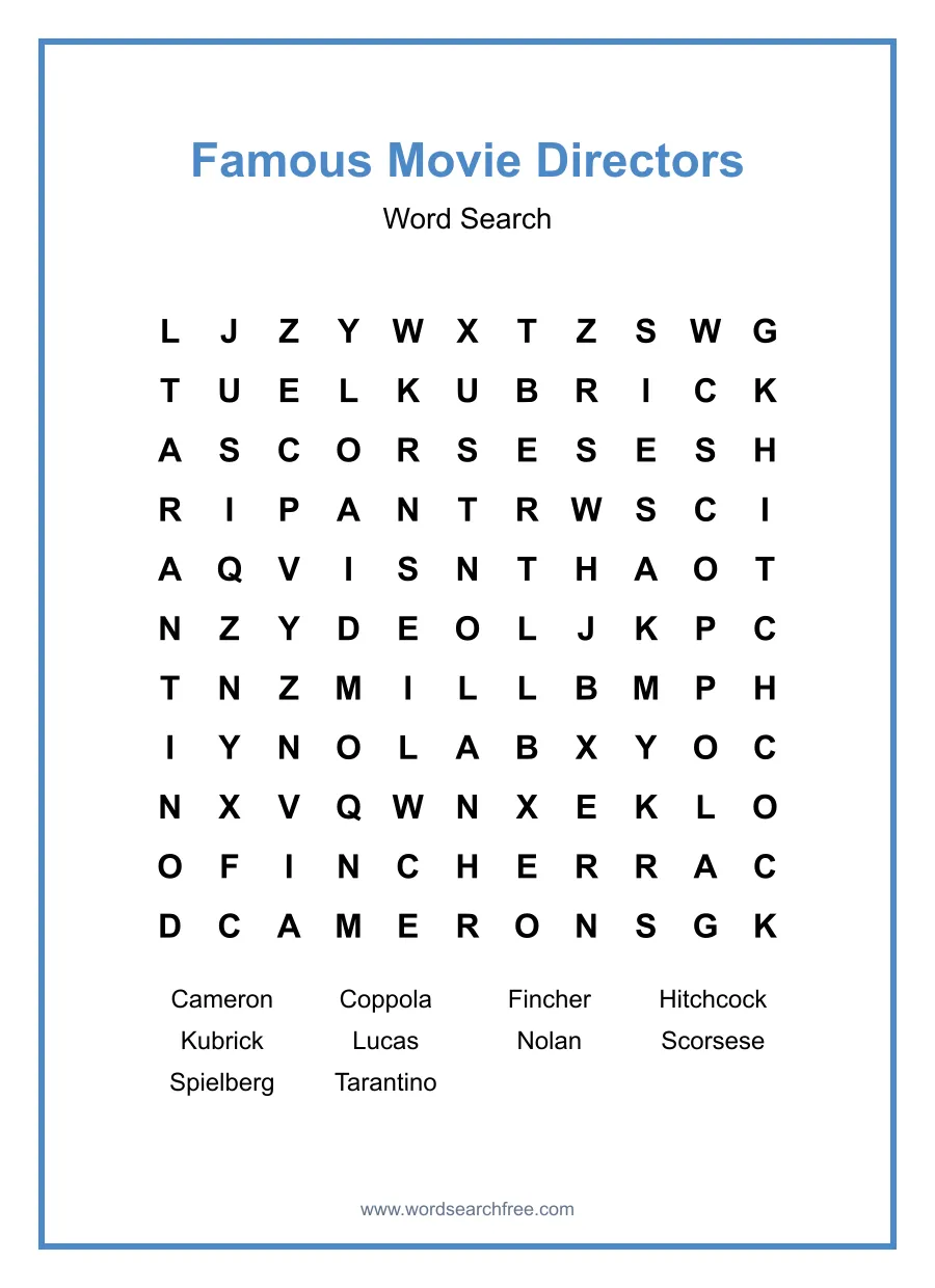 Famous Movie Directors Word Search - Free printable puzzle with 10 words
