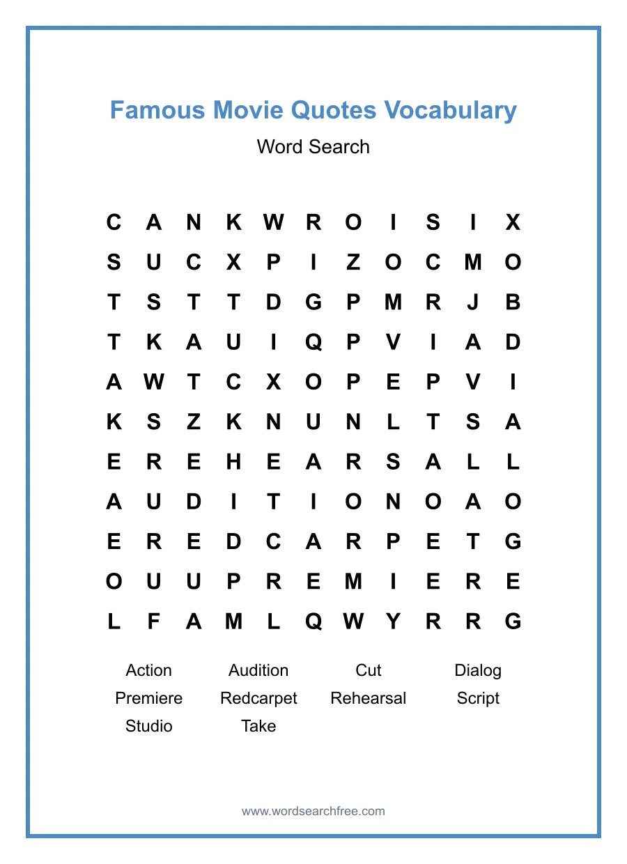 Famous Movie Quotes Vocabulary Word Search - Free printable puzzle with 10 words