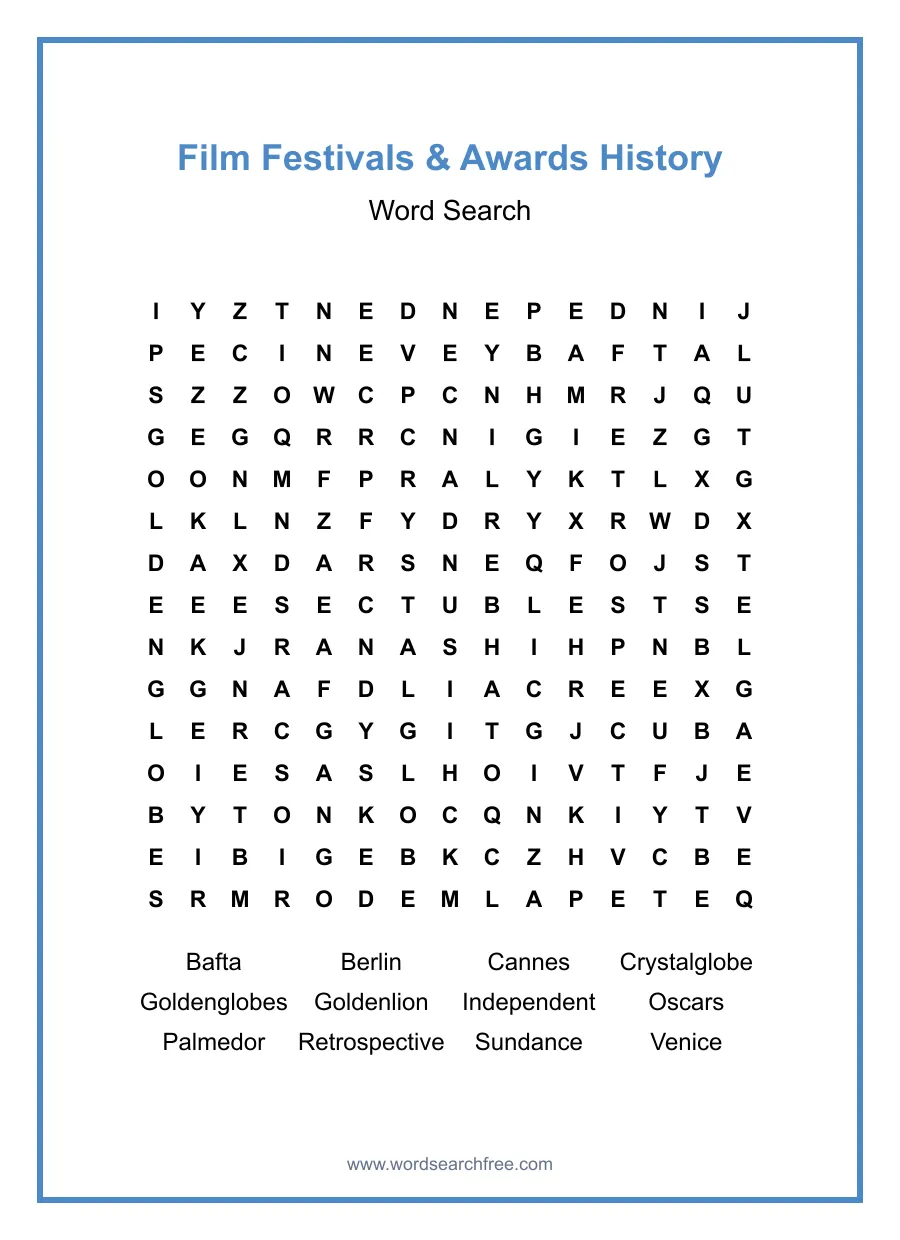 Film Festivals & Awards History Word Search - Free printable puzzle with 12 words