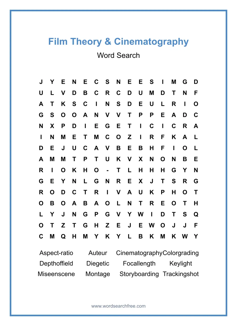 Film Theory & Cinematography Word Search - Free printable puzzle with 12 words