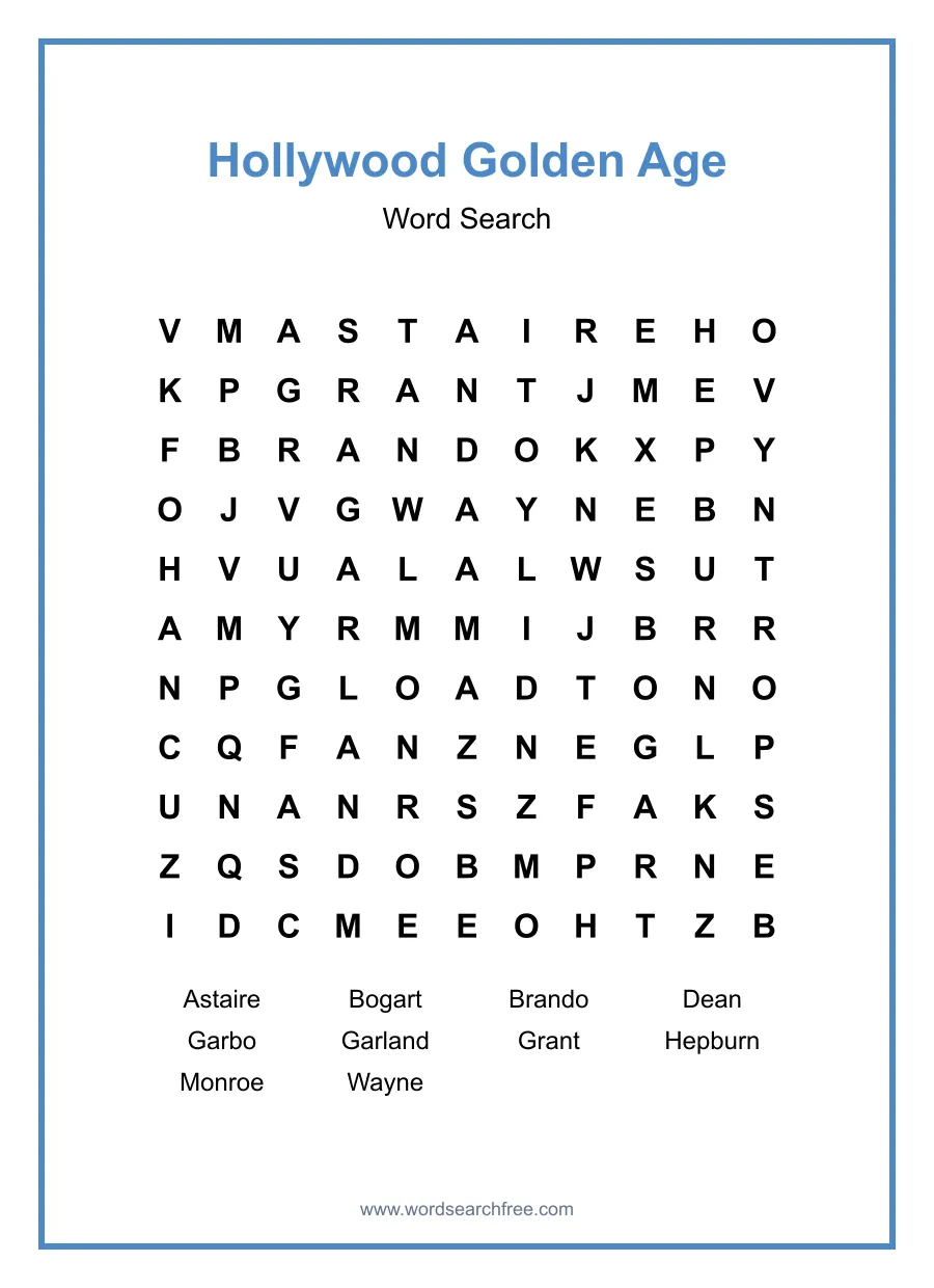 Hollywood Golden Age Word Search - Free printable puzzle with 10 words