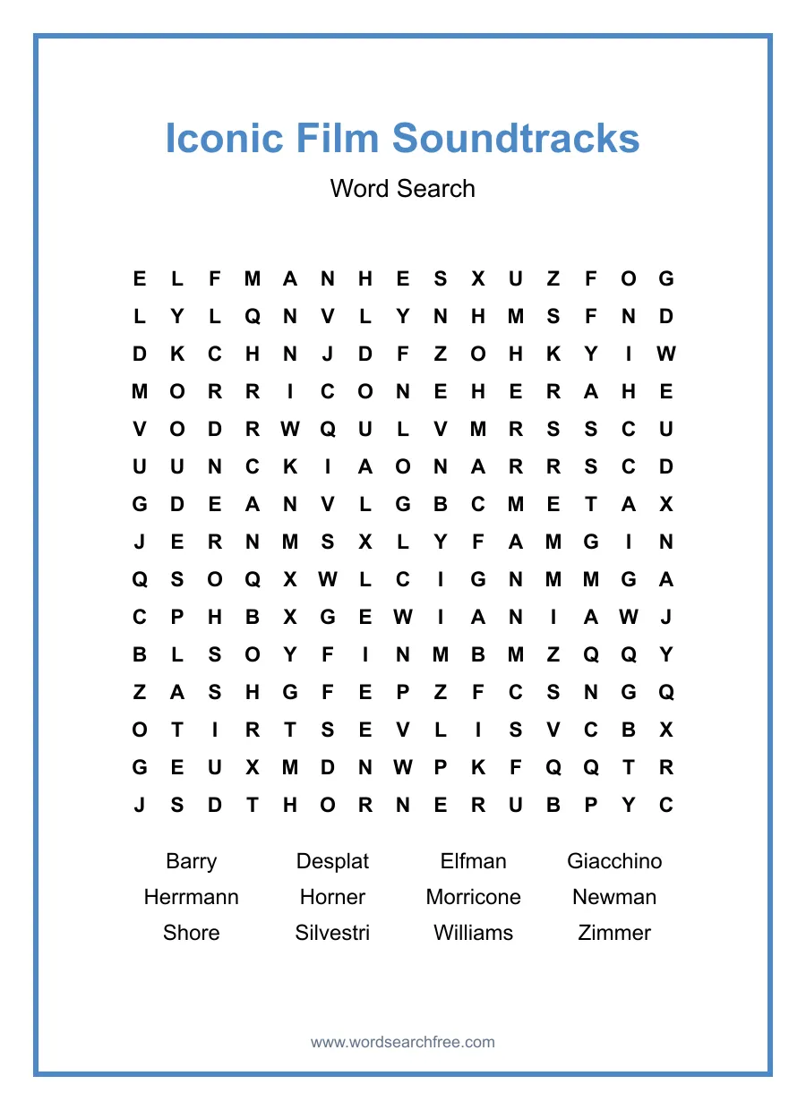 Iconic Film Soundtracks Word Search - Free printable puzzle with 12 words