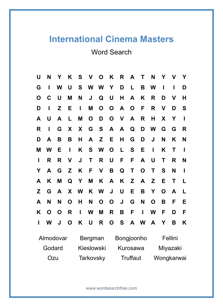 International Cinema Masters Word Search - Free printable puzzle with 12 words