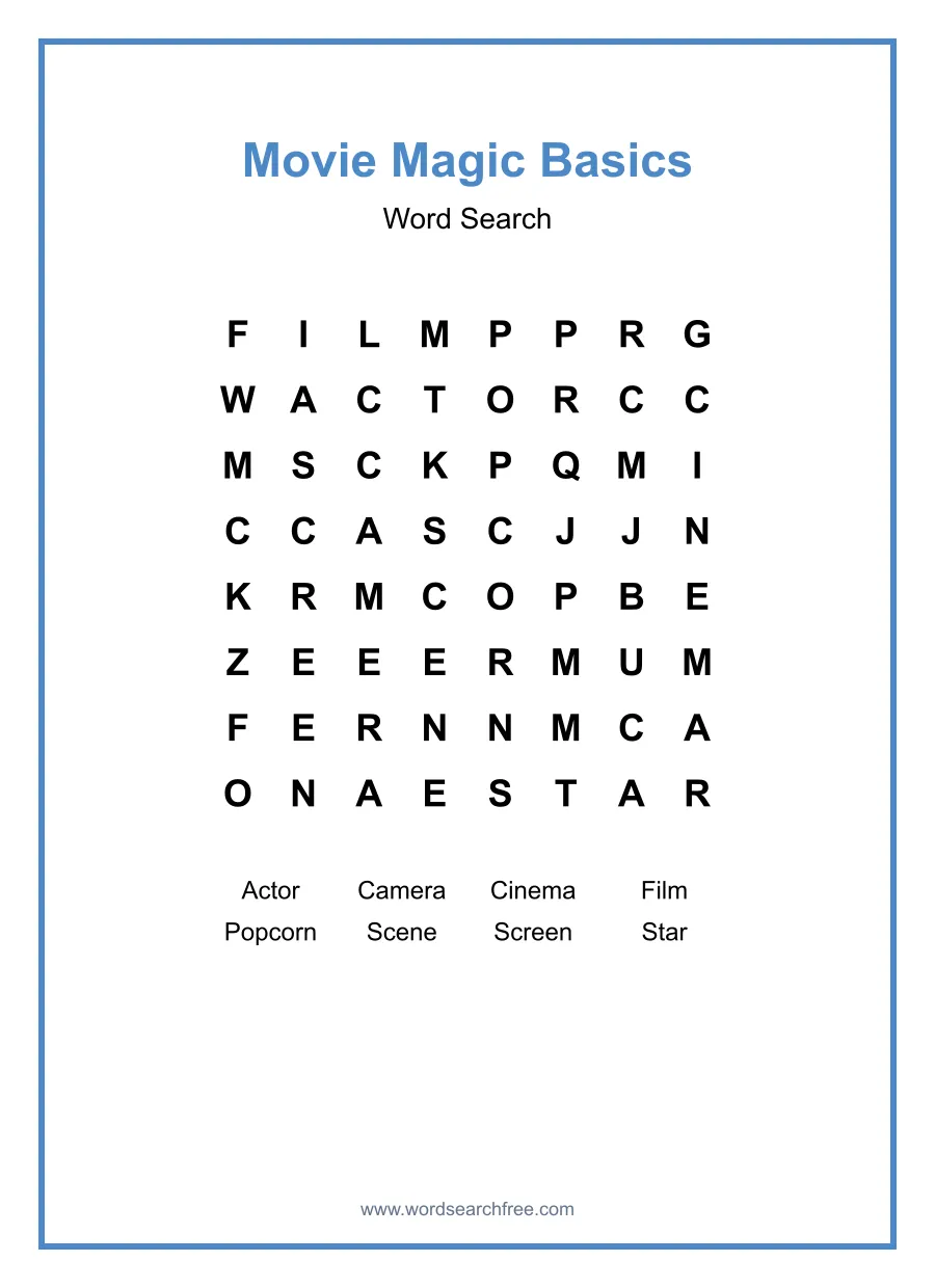 Movie Magic Basics Word Search - Free printable puzzle with 8 words