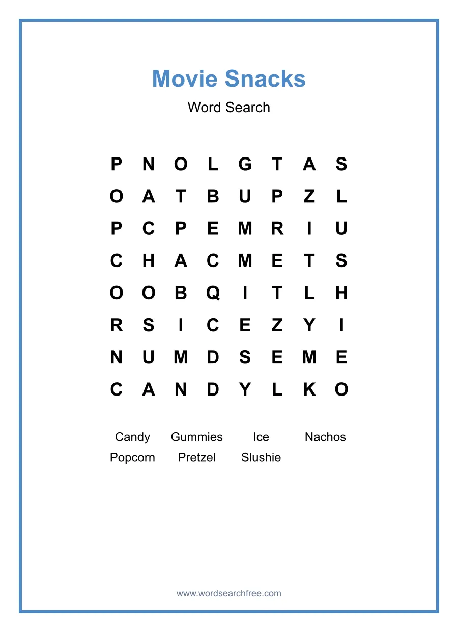 Movie Snacks Word Search - Free printable puzzle with 7 words