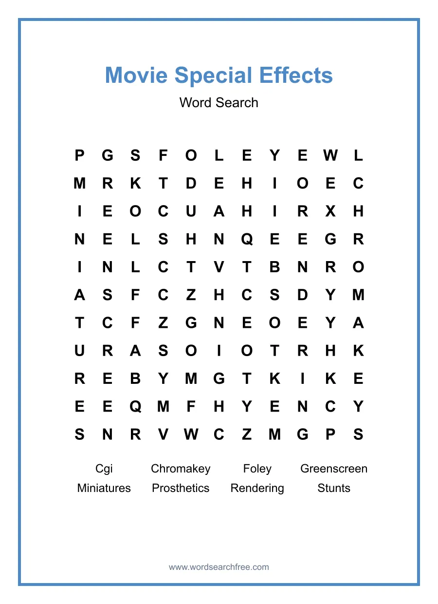 Movie Special Effects Word Search - Free printable puzzle with 8 words