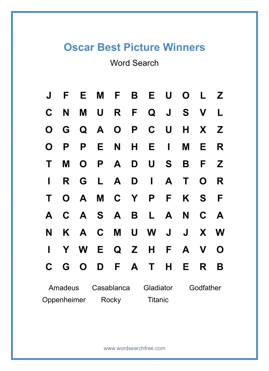 Oscar Best Picture Winners Word Search - Free printable puzzle with 7 words