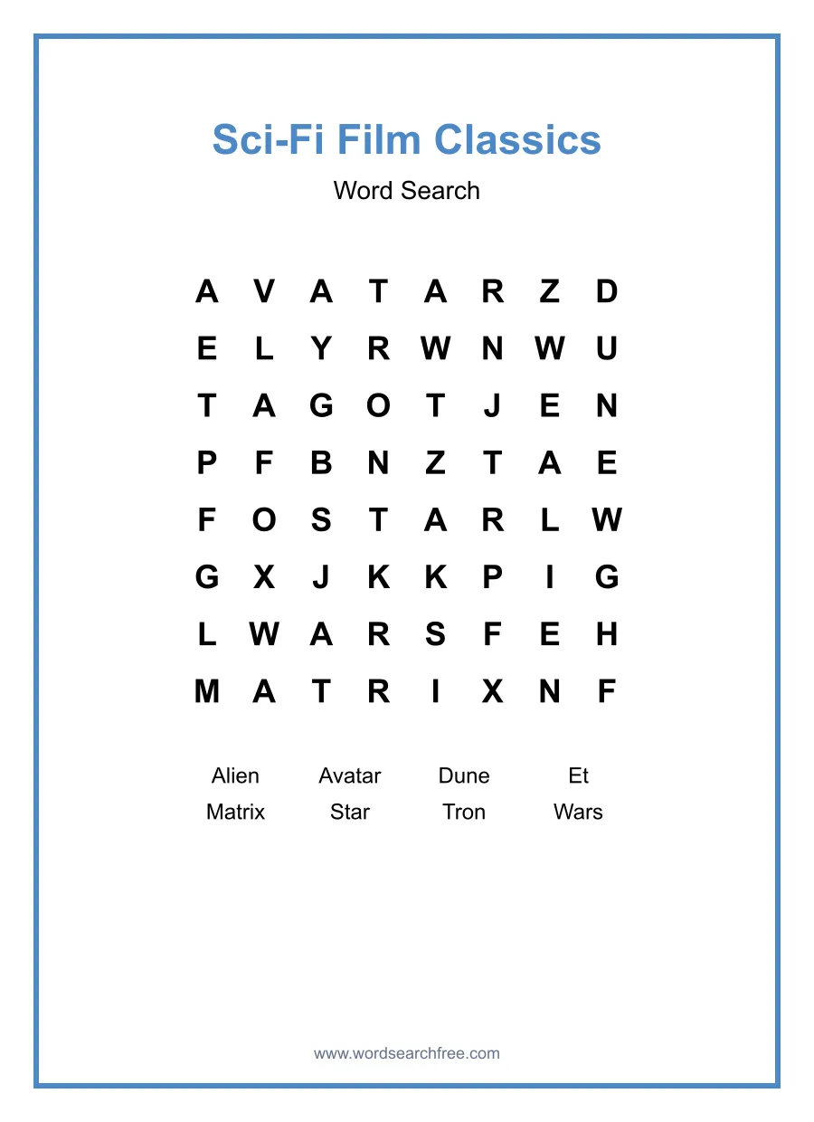 Sci-Fi Film Classics Word Search - Free printable puzzle with 8 words
