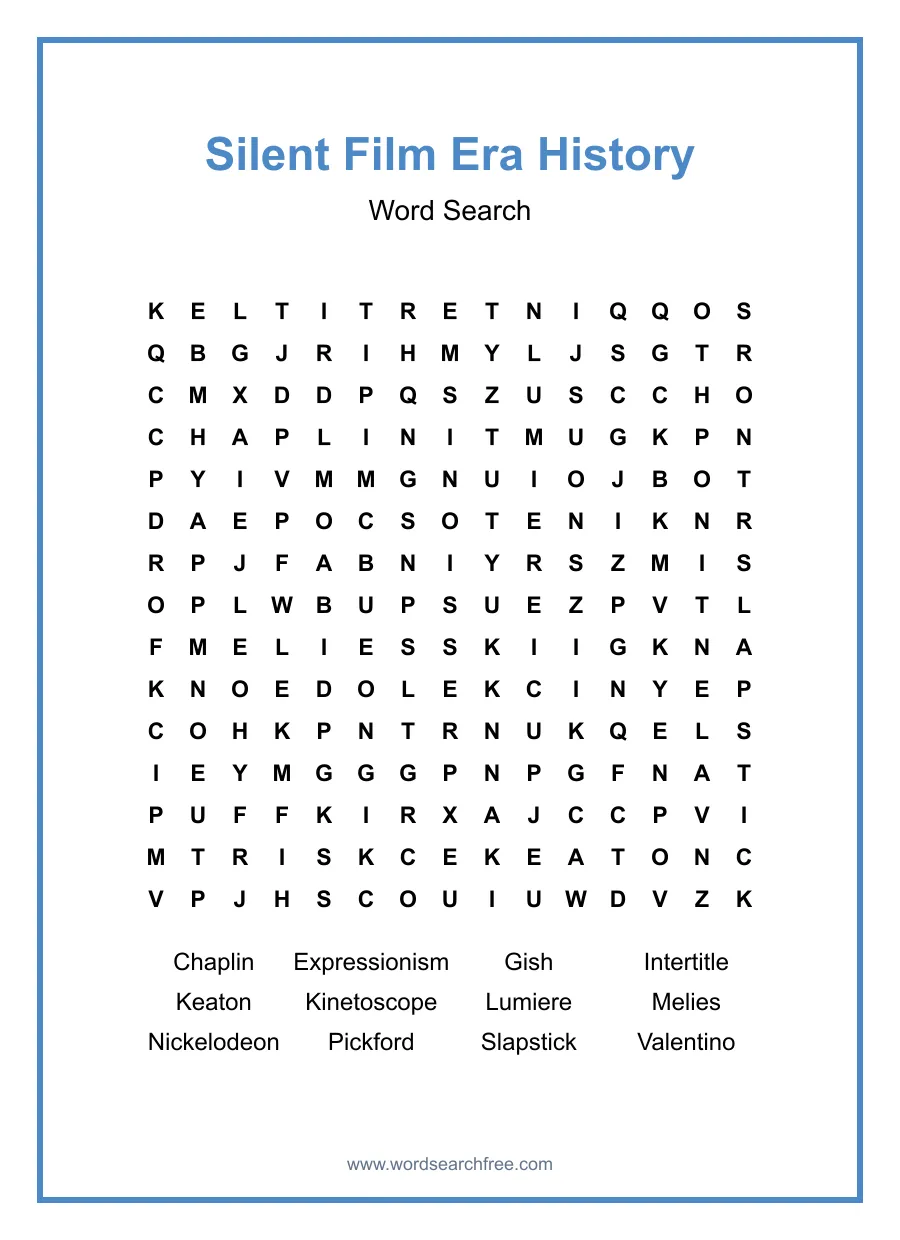 Silent Film Era History Word Search - Free printable puzzle with 12 words
