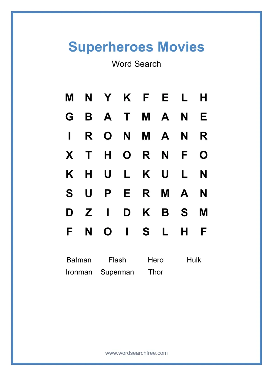 Superheroes Movies Word Search - Free printable puzzle with 7 words