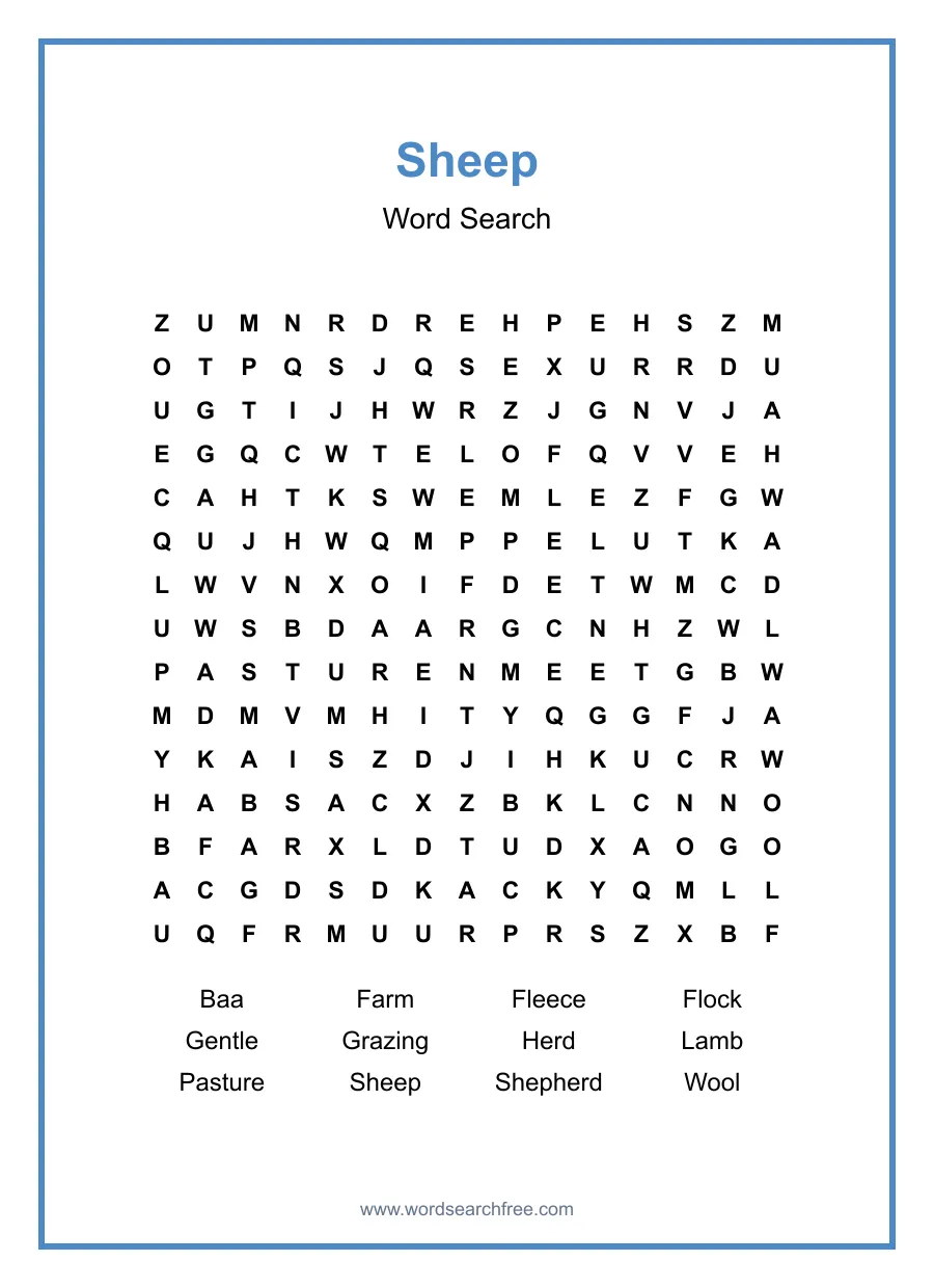 Sheep Word Search - Free printable puzzle with 12 words