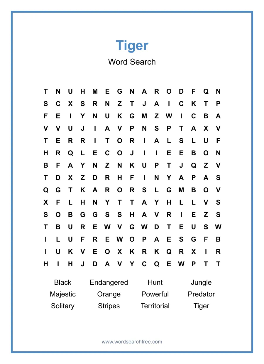 Tiger Word Search - Free printable puzzle with 12 words