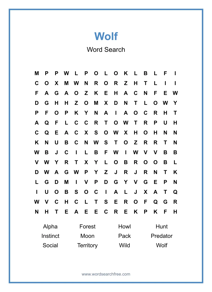 Wolf Word Search - Free printable puzzle with 12 words