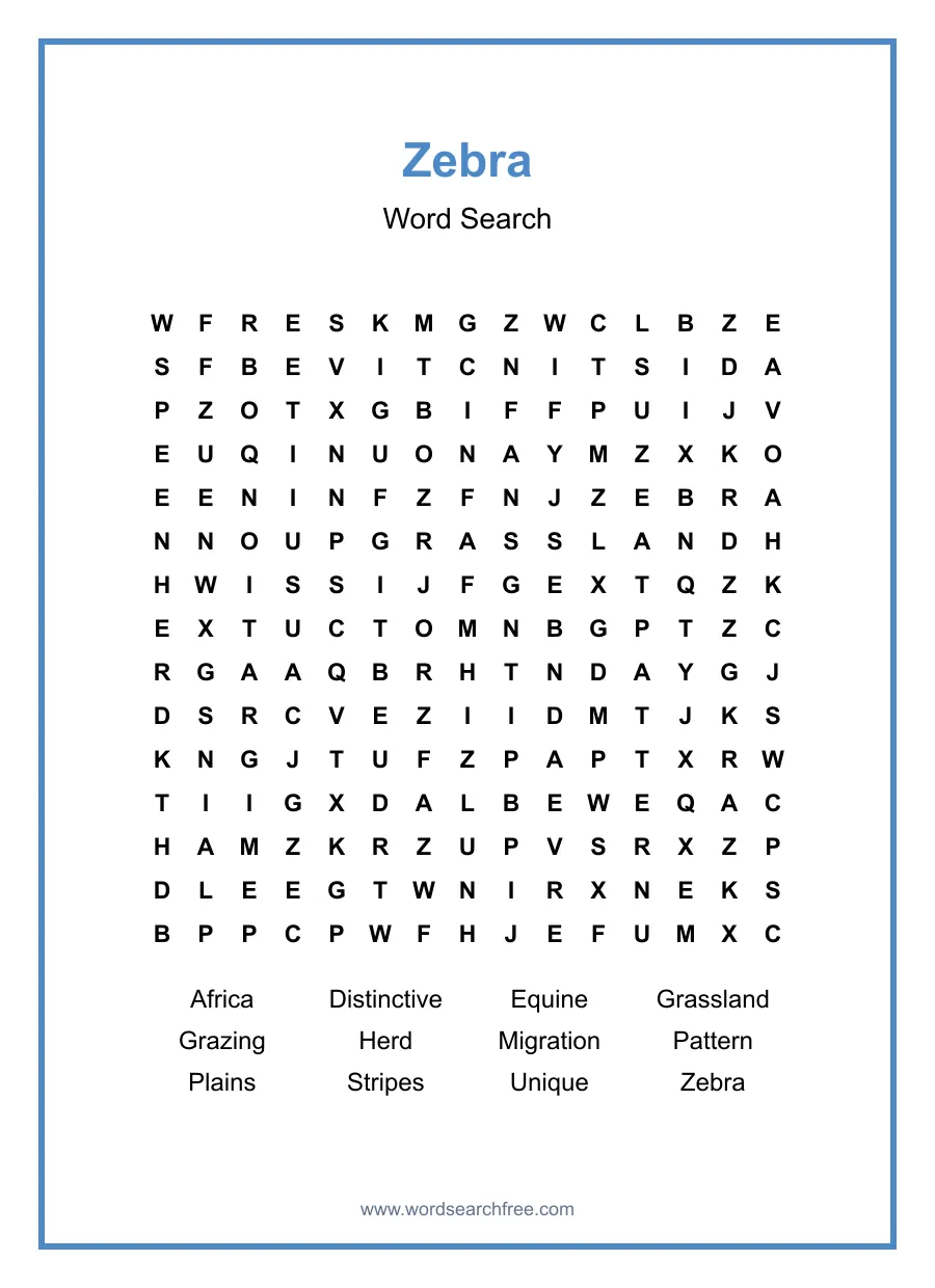 Zebra Word Search - Free printable puzzle with 12 words