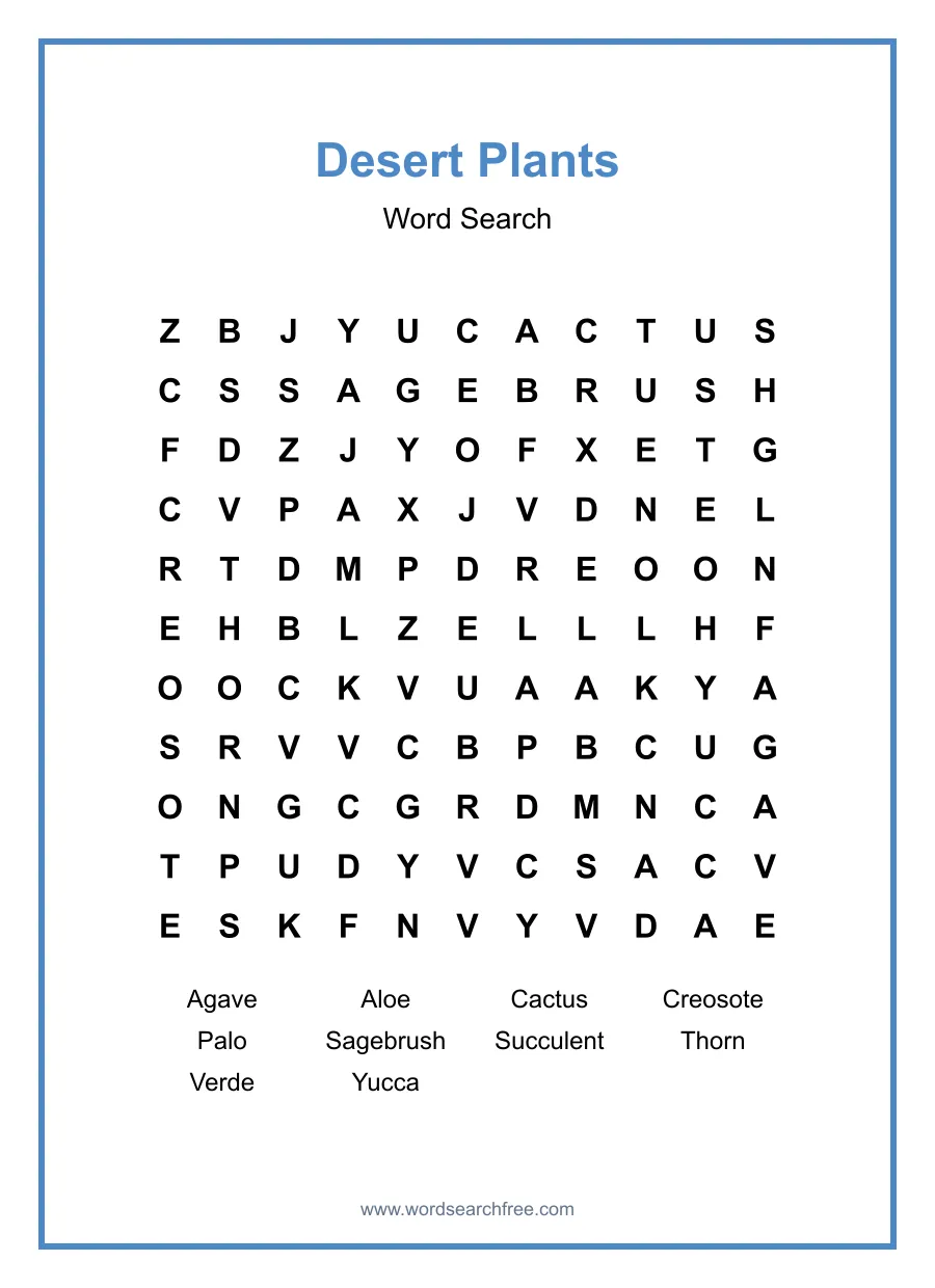 Desert Plants Word Search - Free printable puzzle with 10 words