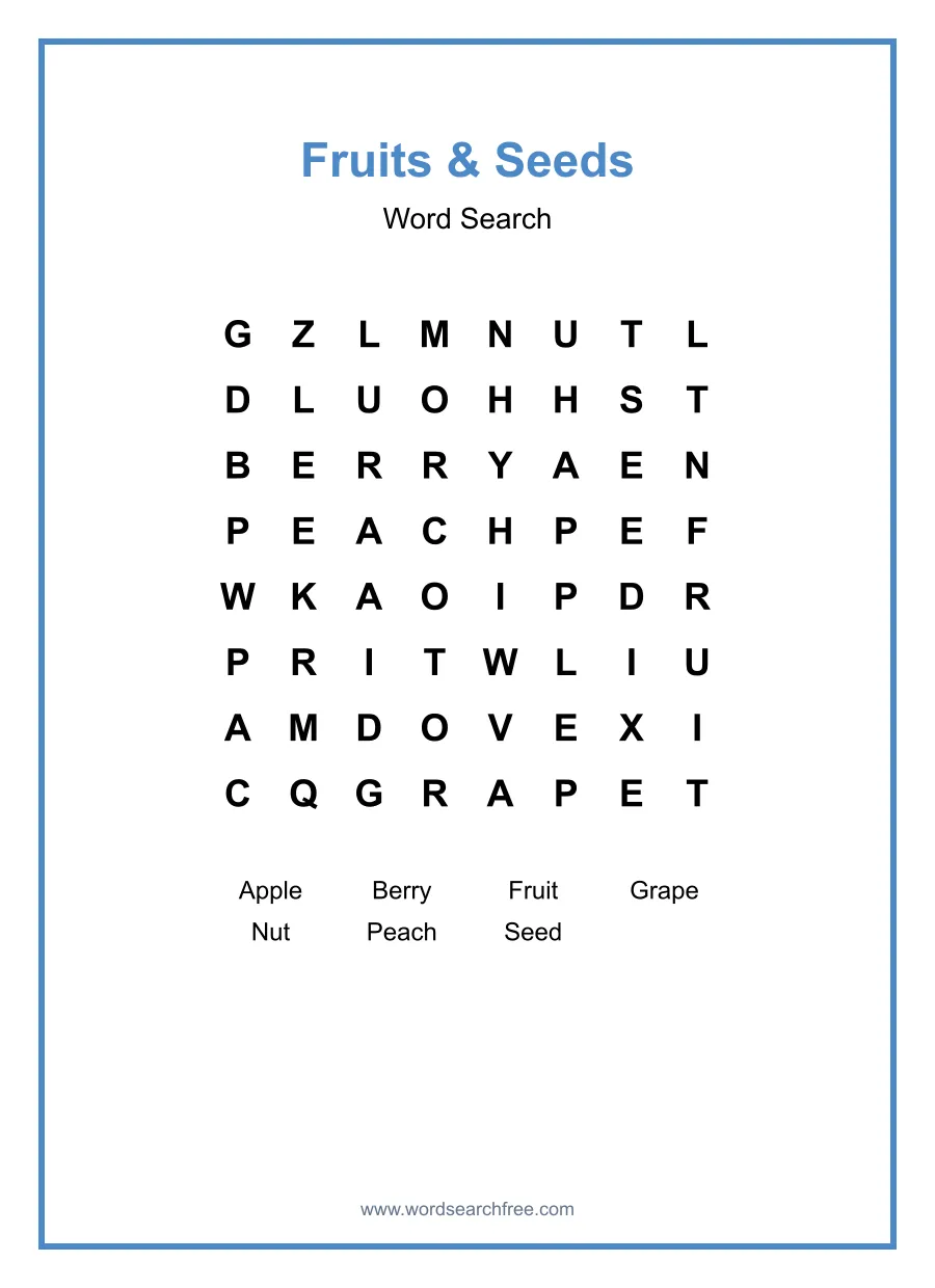 Fruits & Seeds Word Search - Free printable puzzle with 7 words