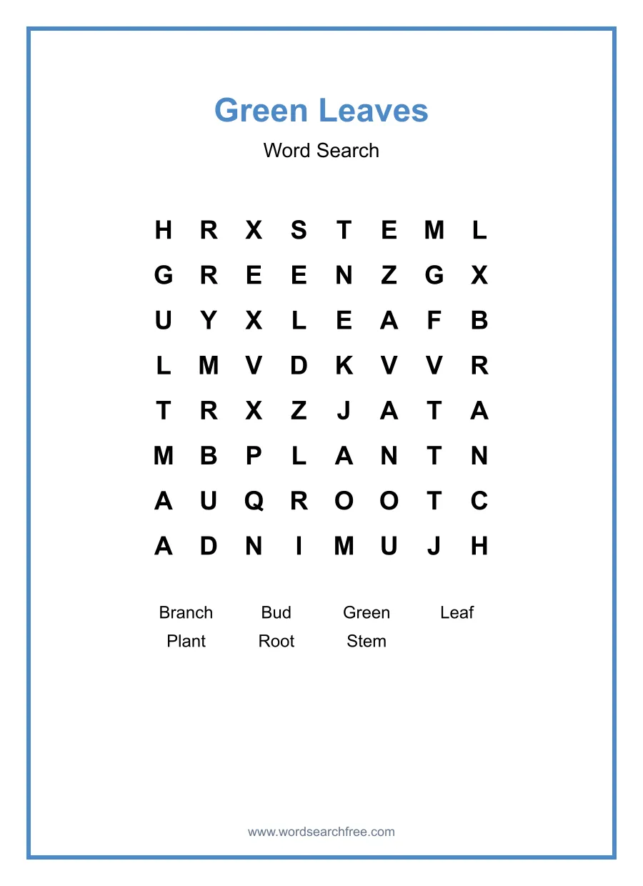 Green Leaves Word Search - Free printable puzzle with 7 words